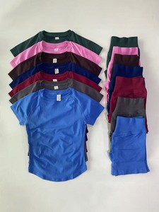 Camisetas de Manga Corta Tejidas sin Costuras al por Mayor, Personalizadas, que Absorben el Sudor, Súper Elásticas, Moldeadoras, para Fitness, Yoga y Deportes, con Pantalones Cortos - Product Image 2