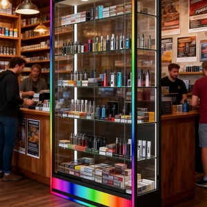 Vitrine <span class=keywords><strong>en</strong></span> verre pour salon avec éclairage LED de base coloré, idéale pour les produits de boutiques de tabac - Product Image 1