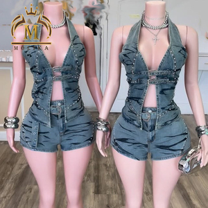 Boutique Summer Women's <strong>Denim</strong> Outfits <strong>Stretch</strong> Print Crop Top+Shorts Matching Sets Ladies Y2K <strong>Denim</strong> Two Piece Set Women Clothing - Product Image 1