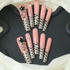 Uñas postizas de lujo de acrílico, largas, color rosa, con cobertura completa, hechas a mano, con pedrería de estrellas, precio de fábrica, venta al por mayor. - Product Image 1
