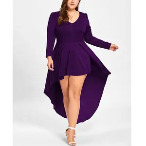 Fashionable Plus Size Sexy Lady Long Sleeve Evening Party Dresses V-neck Tea-lengthpleat Ruched Women Dress