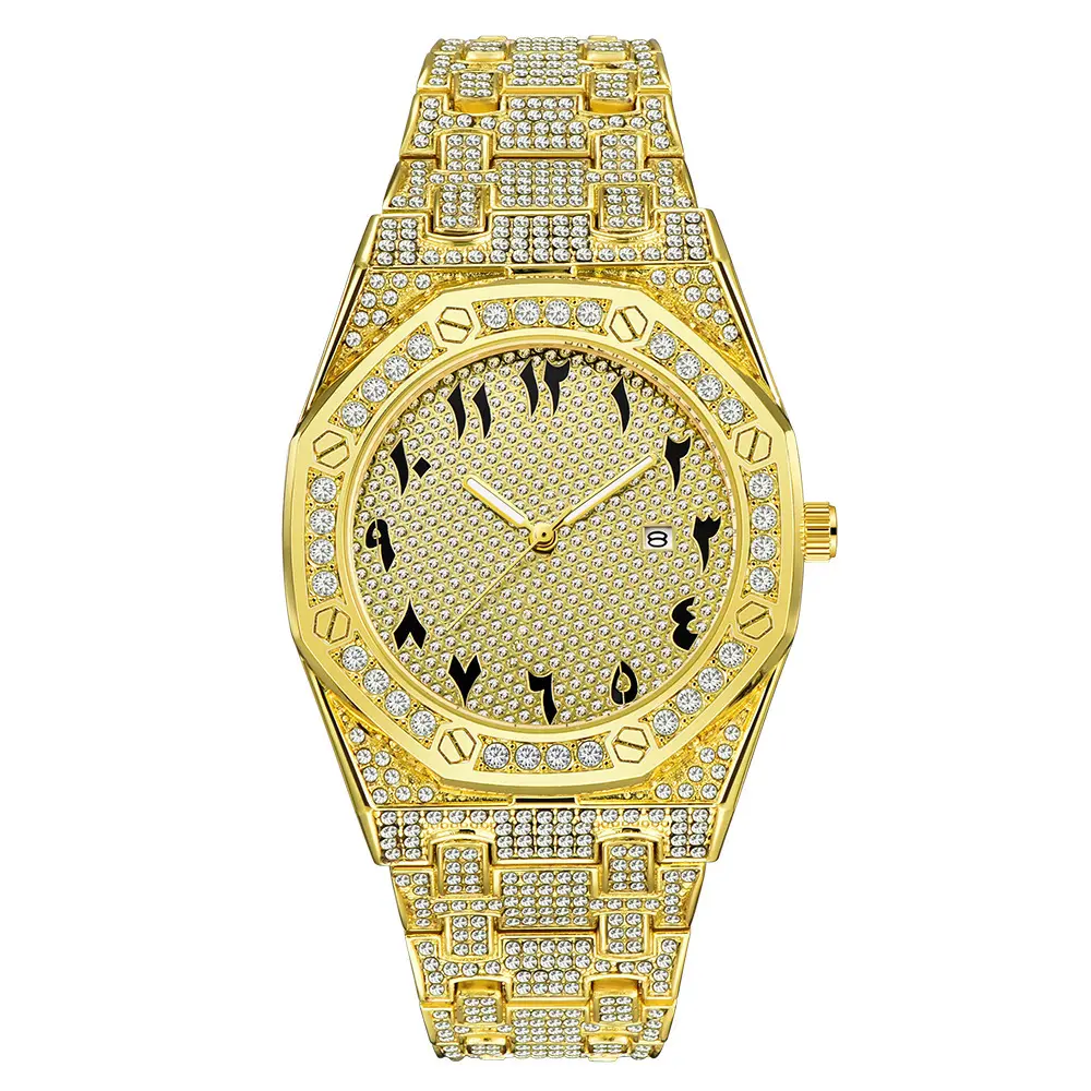 Fully Diamond Big Wrist Watch With Calendar Business Male Hand Clock Hip Hop Large Gold luxury watch for men