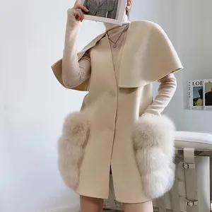 Japanische Marke beliebt Herbst Winter echte Lamm wolle Weste für Frauen Natural Fox Fur Poncho Mäntel Oberbekleidung