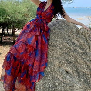 Vestido de estilo coreano con espalda abierta y cuello en V, lazo en la cintura, vacaciones en la playa, capa por capa, volantes, dobladillo grande - Product Image 4