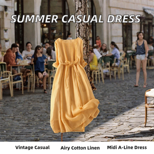 Vestido Midi Amarillo de Manga Corta con Cinturón, Estilo Casual Holgado, Cuello Redondo, Dobladillo Asimétrico, Cintura Natural, Lino y Algodón, Corte en A - Product Image 2
