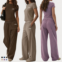 Ensemble de vêtements de sport 2 pièces personnalisé avec logo OEM, t-shirt à manches courtes et pantalon large pour femmes, yoga, fitness, vente en gros, marque privée, vêtements de sport