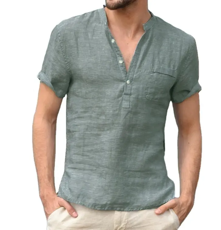 2021 summer hot-sale design short sleeve two button round neck latest trend linen causal men's shirt