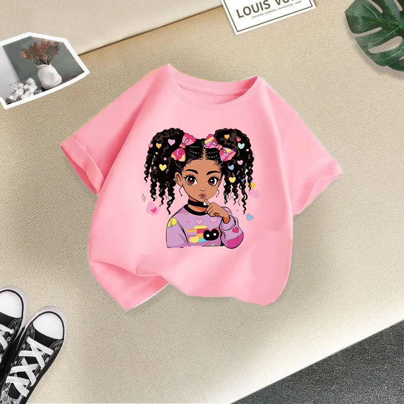 Pink curly little girl short sleeves