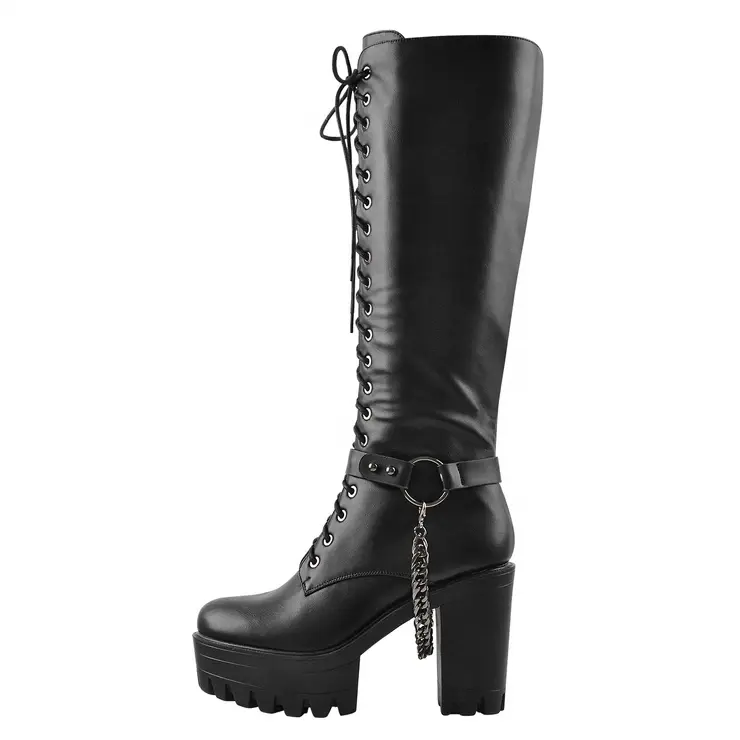 Black color knee high block heel winter boots for women snow shoe