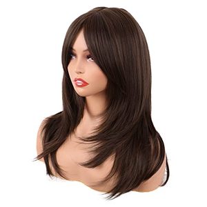 Perruque brune de 20 pouces avec petite <span class=keywords><strong>frange</strong></span> longue couche <span class=keywords><strong>cheveux</strong></span> droits en fibre synthétique longueur d'épaule - Product Image 3