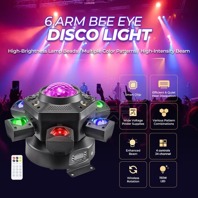 120W 6-Arm Moving Head 6000K RGBW LED Stage Light 20-Channel DMX512 Control 18000 Lumens Strobe IP20 for Party Club DJ
