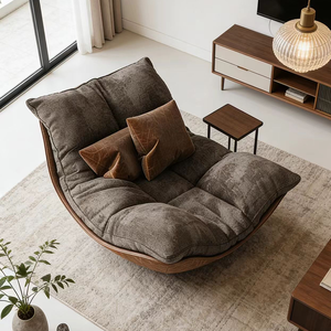 Fauteuil de salon moderne ergonomique pivotant incurvé avec base en bois massif, confortable, rembourré en tissu, fauteuil d'appoint - Product Image 1