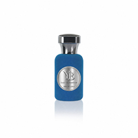 Flacon de parfum vide rond de 50 ml, personnalisé en usine, avec logo bleu doux au toucher, de haute qualité, rechargeable par sertissage, avec pulvérisateur à brume fine et boîte
