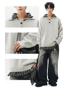 Pull unisexe à carreaux effet deux pièces, style Maillard vintage, color block, coupe oversize, confortable, ample, respirant, épais, pour l'automne et l'hiver - Product Image 2