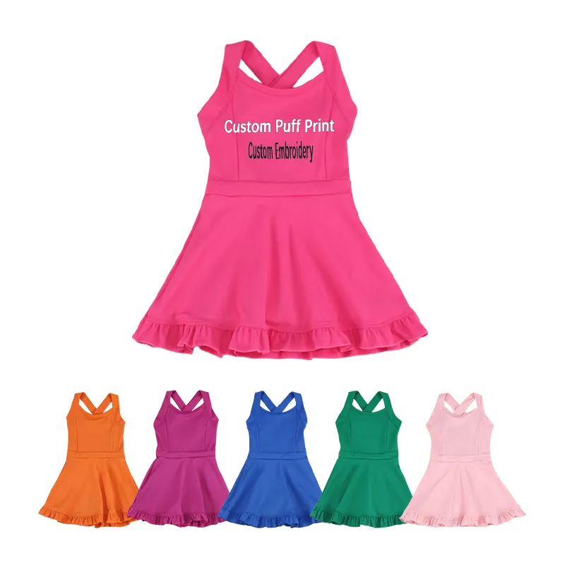 New Style Kids Yoga Wear Summer Solid Color Tennis Skirts Layered Ruffle Mini Skirts Baby Girls Yoga Dress Leggings