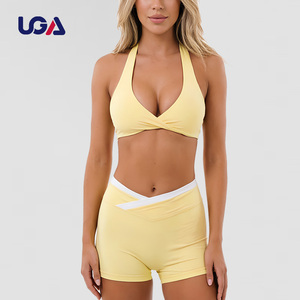 New Women's Custom Logo Push Up Backless Halter Sports Bra Color Block Biker Shorts Sets Fitness Yoga Workout Sets
