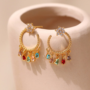 Boho ต่างหูเพชรพู่สียอดนิยมต่างหูทอง18K ต่างหูเม็ดเดี่ยวรูปดอกไม้ต่างหูจี้ทับทิมรูปหยดน้ำสำหรับผู้หญิง - Product Image 2