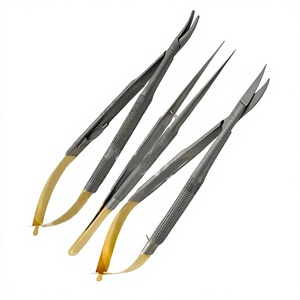 Ensemble de 3 instruments chirurgicaux allemands en acier inoxydable TC : Micro-ciseaux Castroviejo, Porte-aiguille courbé, Pinces, pour usage dentaire, ophtalmique et médical - Product Image 1
