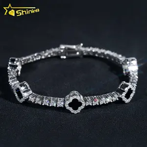 Fashion Femme Gift Jewelry 3mm 925 Sterling Silver VVS Moissanite Agate Four Leaf Clover Tennis Bracelet For Valentine's Day