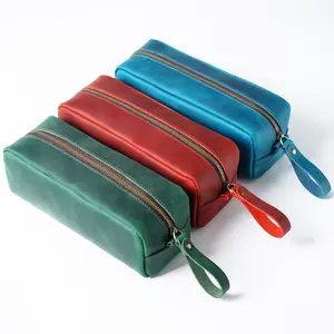 Handmade Cowhide Leather Pencil Case Zipper Pen Pouch Stationery Storage Pen Bag First Layer Cowhide Square Retro Pencil Bag