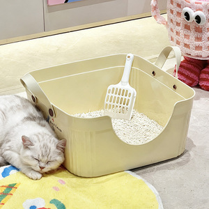 Bac à litière ouvert rectangulaire à rebord haut Ha Gou, bac à litière manuel pour chat avec pelle, portable pour chats adultes - Product Image 3