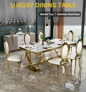 Ensemble Table et Chaises de <span class=keywords><strong>Salle</strong></span> à <span class=keywords><strong>Manger</strong></span> en Marbre Moderne avec Pieds en Acier Inoxydable et Cadre Métallique pour Maison et Hôtel - Product Image 6