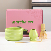 Ensemble de thé en céramique de style Japandi personnalisé, 5 pièces, bol à matcha rose artisanal avec support pour fouet pour la cérémonie du thé