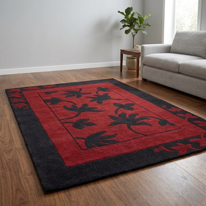 Tapis floral rouge – Tapis moderne à motif de fleurs noires et rouges pour salon, chambre et décoration intérieure - Product Image 2