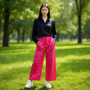 J643 Pantaloni Larghi da Donna a Vita Alta, Lunghezza alla Caviglia, in Raso con Stampa a Pois, Vestibilità Comoda, Casual Estivi con Tasche e Coulisse - Product Image 2