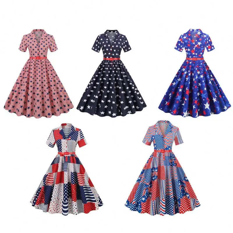 2024 Großhandel 4. Juli Erwachsene Sommer-Star-Kleid amerikanische Wahl Unabhängigkeitstag patriotische Damenkleider