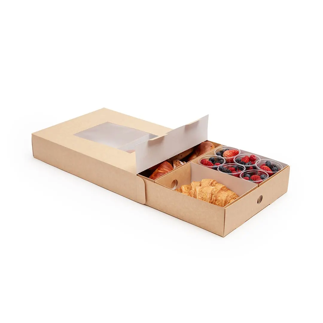 Slide takeaway food lunch box mini catering sandwiches tray kraft paper tray for food