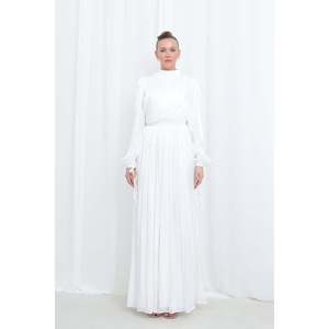 Robe de soirée moderne pour femme en satin texturé plissé à manches longues - 17029ELB - ECRU - Product Image 2