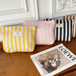 Rayures toile mode pochette de voyage pour femmes filles mignon Simple fermeture éclair organisateur de stockage petit maquillage sac cosmétique - Product Image 3