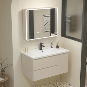 Apartment Home Use Modern White Design Basin Bathroom Cabinet Vanity Plywood with Copper Drainer - Product Image 2