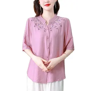 2023夏季女装复古长袖女衬衫高品质服装亚麻棉宽松绣花衬衫