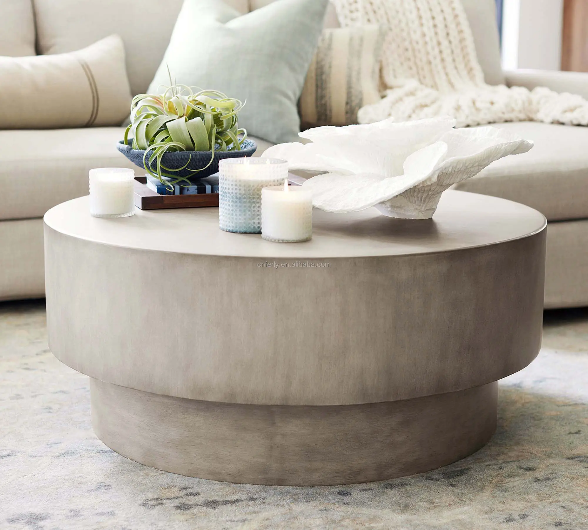 Modern Style Luxury Living Room Concrete Round Coffee Table Wood Side table