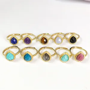 Natural Dainty Crystal Rings Healing Stone Tear Drop Amethyst Tiger Eye Turquoise Rings Adjustable Open Cuff Rings For Women