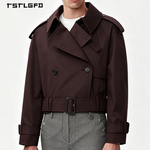 Men Cropped Trench Jacket 100% Cotton Double Breasted Hook Collar Closure Waist Belt Belted Cuffs Short Coat Outerwear - Product Image 1
