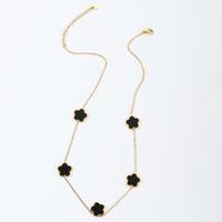 Juego de 2 piezas: Pulsera y Collar de Flor Esmaltada Negra Chapada en Oro Real de 18k, con Tréboles de Cinco Hojas de Concha Blanca de Acero Inoxidable