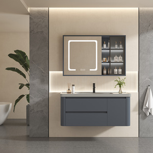 Mueble de Baño Moderno de Madera Sólida para Hotel, Espejo Inteligente con Iluminación LED, Lavabo de Cerámica Resistente al Agua, Gabinete de Almacenamiento Montado en la Pared - Product Image 2