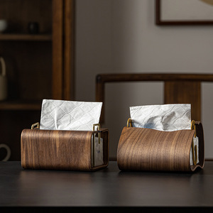 Boîte à mouchoirs en bois de noyer, design carré et rond, combinaison bois et fer, boîte de rangement pour serviettes de salon et de chevet - Product Image 1