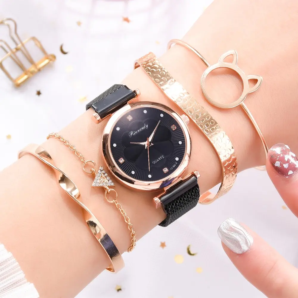 אופנה 5pcs סט נשים שעונים יוקרה מגנט אבזם פרח ריינסטון שעון גבירותיי קוורץ שעון יד צמיד סט Reloj Mujer