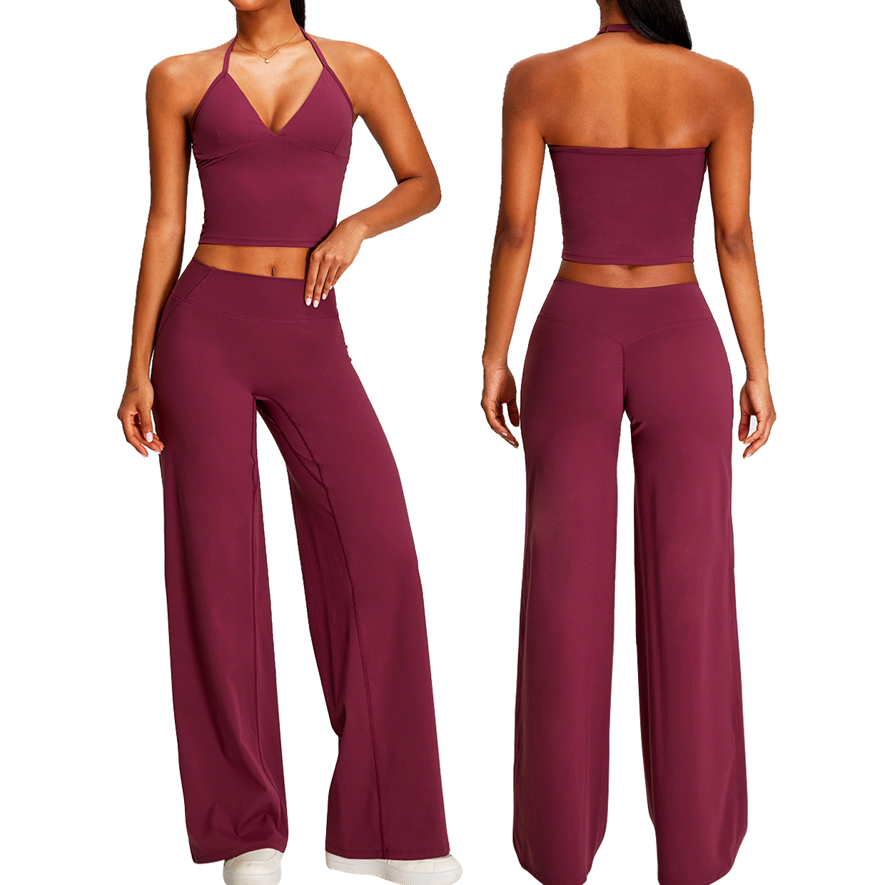 Breathable Solid Women's Gym Outfit Halter Neck Cut Out Yoga Top with Four-Way Stretch Lightweight Relaxed Fit Shorts