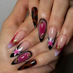 Sweet Cool - 24 <span class=keywords><strong>Uñas</strong></span> Postizas 3D con Diseño <span class=keywords><strong>de</strong></span> Flores Francesas y <span class=keywords><strong>Puntos</strong></span>, Color Marrón Almendra Mediano, para Mujeres y Niñas - Product Image 1