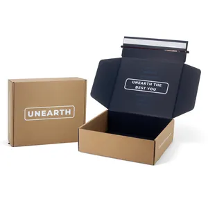 Embalagem com logotipo de marca personalizado, caixa de papelão ondulado Kraft para envio postal, caixa preta com zíper e tira de rasgo, caixa de transporte com auto-vedação