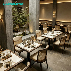 MINGMENG Asian Style Restaurant <b>Set</b> <b>Square</b> Rattan Chairs Faux Marble Table Modern Dining Furniture For Commercial Use - Product Image 1