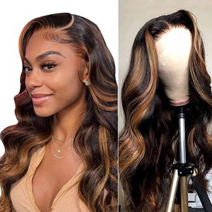 Pelucas de Cabello Humano con Reflejos Rubios, Pelucas con Frente de Encaje 13x4, Onduladas, Pre-Desplumadas - Product Image 1