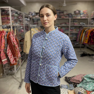 Blue <b>Quilted</b> Cotton <b>Jacket</b> Women Mandarin Collar Floral <b>Pattern</b> Full Sleeve Autumn Wear Pullover Style GIFT FOR HER - Product Image 1