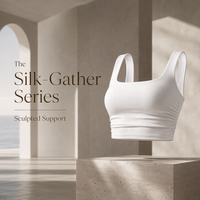Vente en gros de vêtements de sport pour femmes, personnalisés, en tissu technique, avec soutien sculpté et rembourré, col carré froncé, de la série Silk Gather, pour le fitness et le yoga
