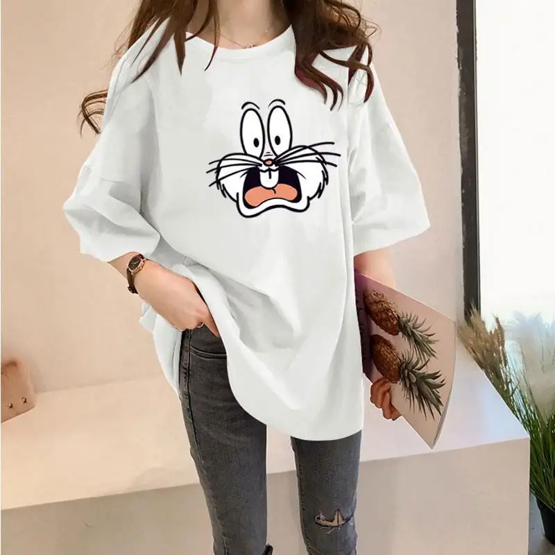 Summer Casual Round Neck White Top Cartoon Print Milk Silk Large Size Loose Tee Oversized Clothes Womens T-shirt